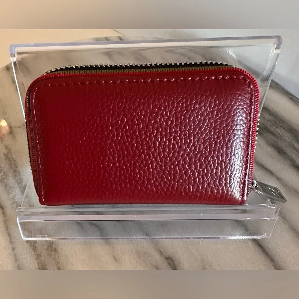 RFID Blocking Slim Card Case Wallet Genuine Leather Wine Red